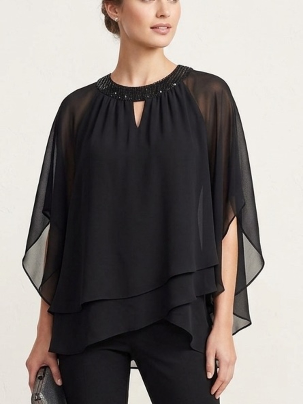 Ladies plus Black Layered Sheer lined Blouse with sequence Keyhole Neck 1373